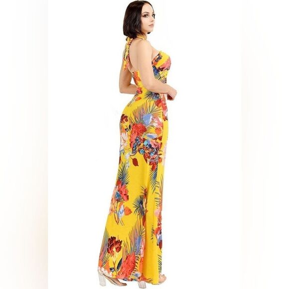 Floral Print Halter Neck Maxi Dress- Yellow - Picture 1 of 4